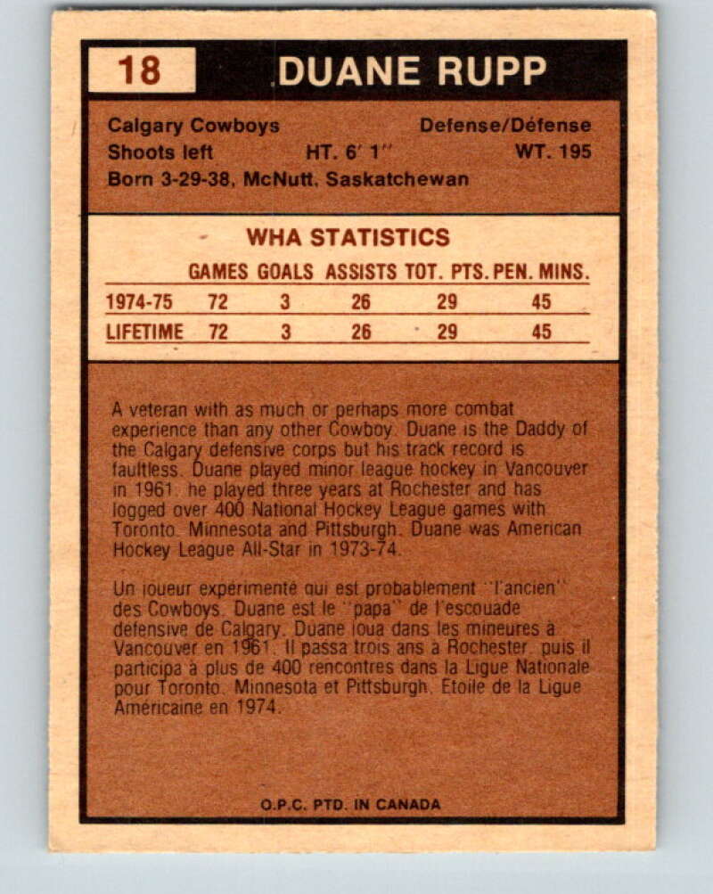 1975-76 WHA O-Pee-Chee #18 Duane Rupp  Calgary Cowboys  V7183