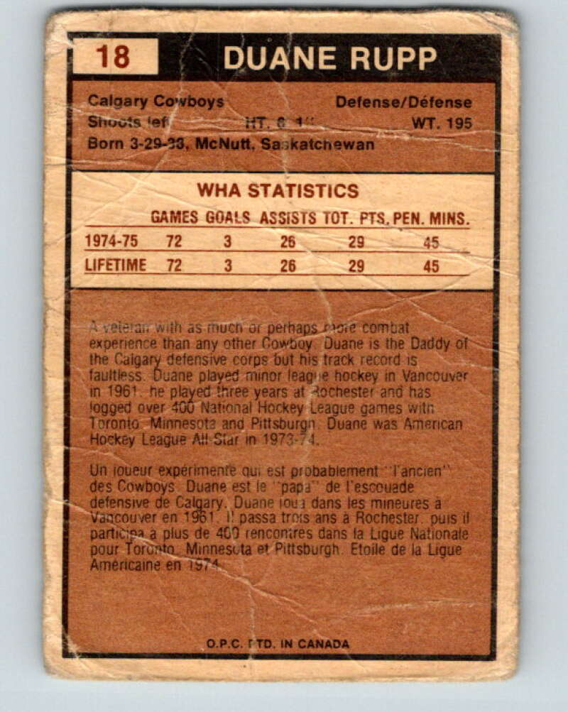 1975-76 WHA O-Pee-Chee #18 Duane Rupp  Calgary Cowboys  V7185