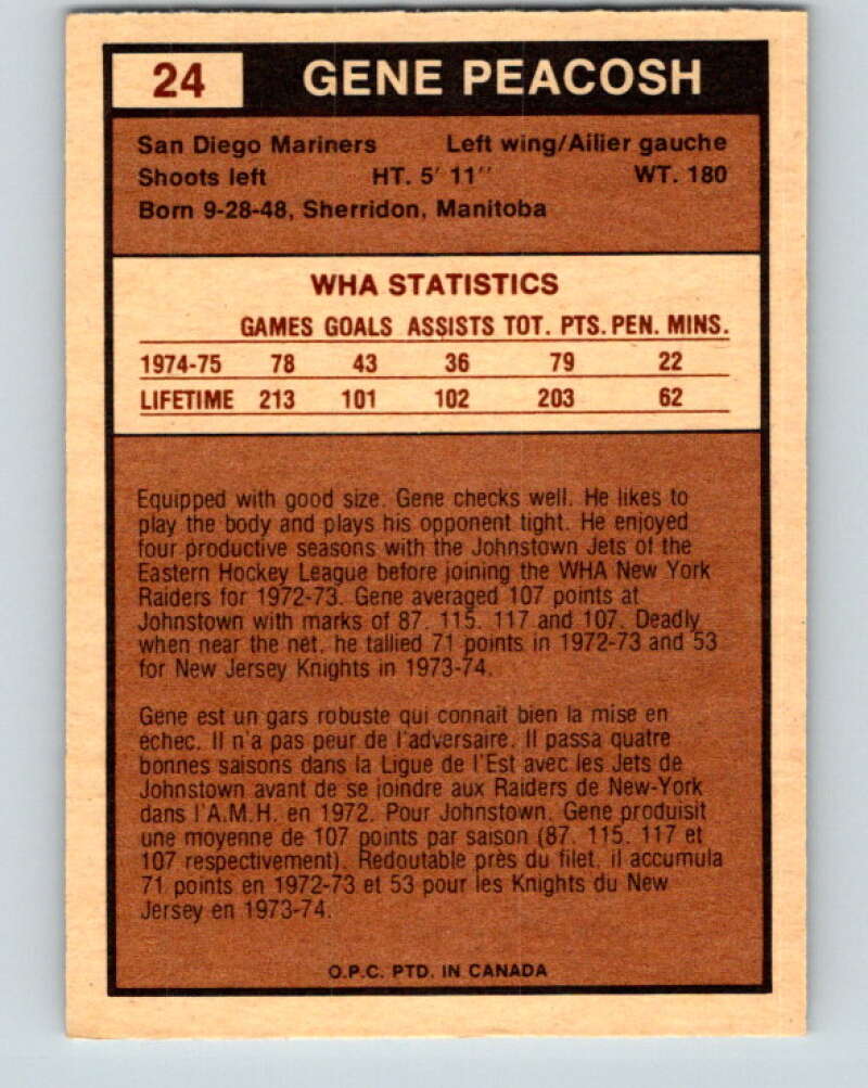 1975-76 WHA O-Pee-Chee #24 Gene Peacosh  San Diego Mariners  V7193