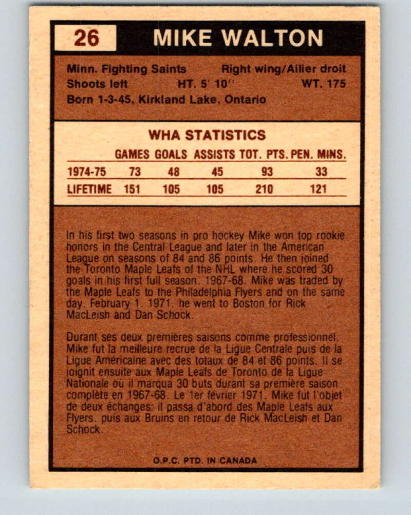 1975-76 WHA O-Pee-Chee #26 Mike Walton  Minnesota Fighting Saints  V7195