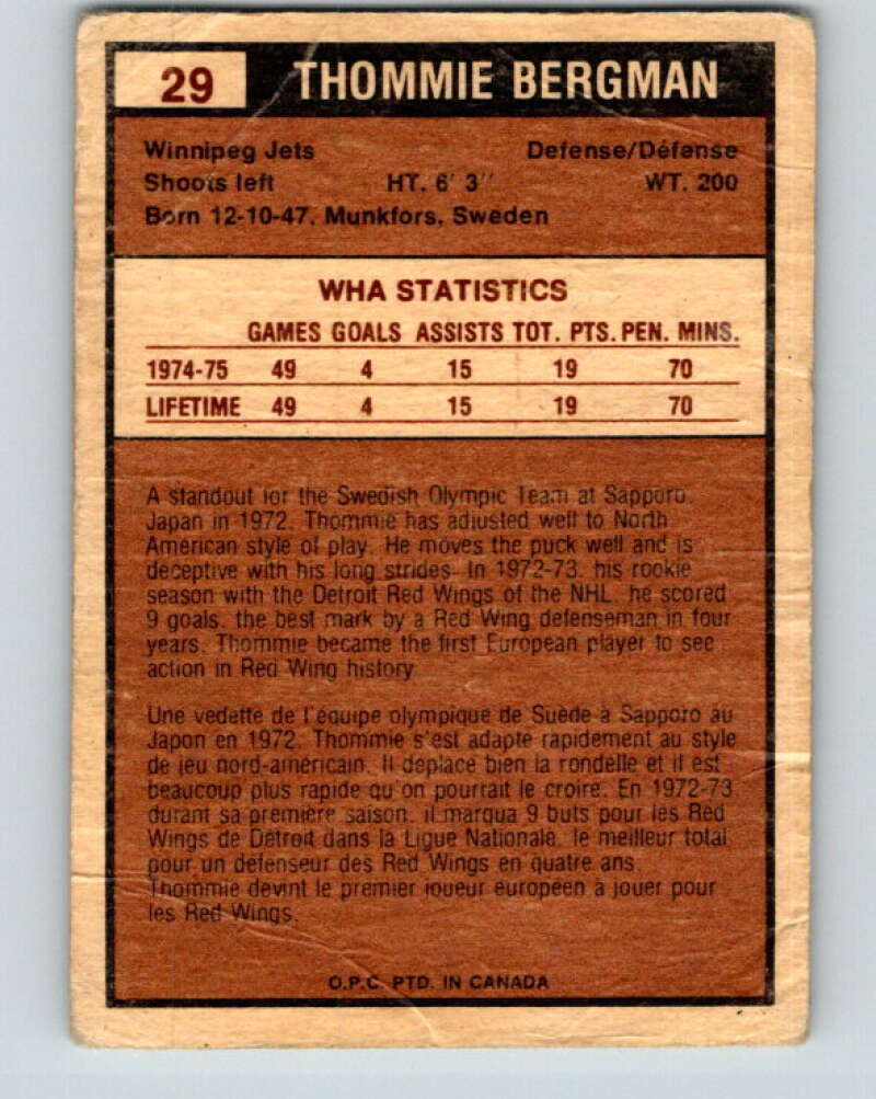 1975-76 WHA O-Pee-Chee #29 Thommie Bergman  Winnipeg Jets  V7200