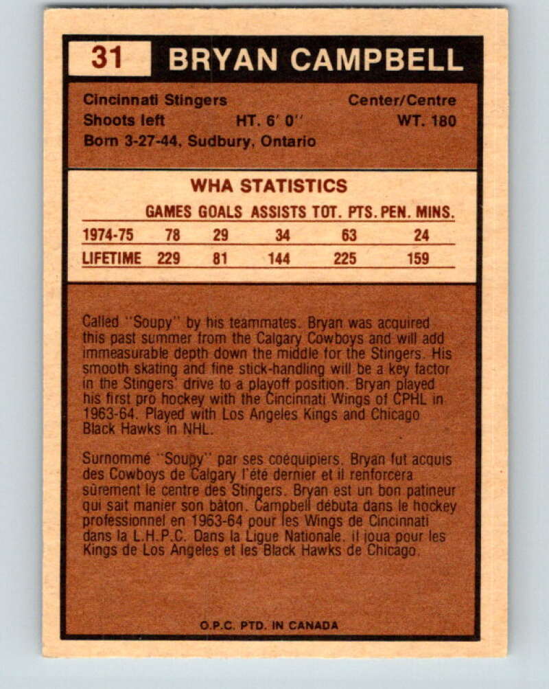 1975-76 WHA O-Pee-Chee #31 Bryan Campbell  Cincinnati Stingers  V7204