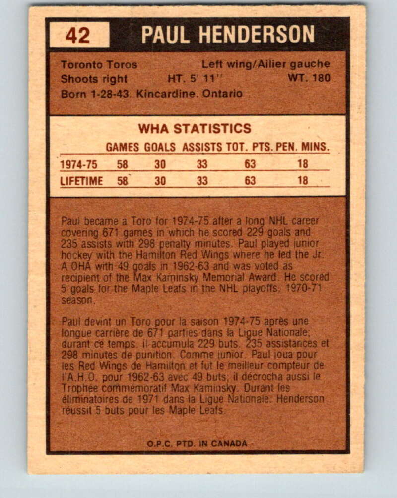 1975-76 WHA O-Pee-Chee #42 Paul Henderson  Toronto Toros  V7217