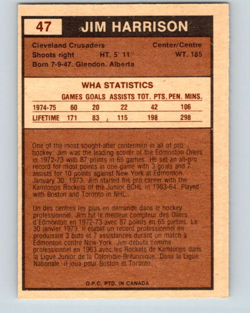 1975-76 WHA O-Pee-Chee #47 Jim Harrison  Cleveland Crusaders  V7226