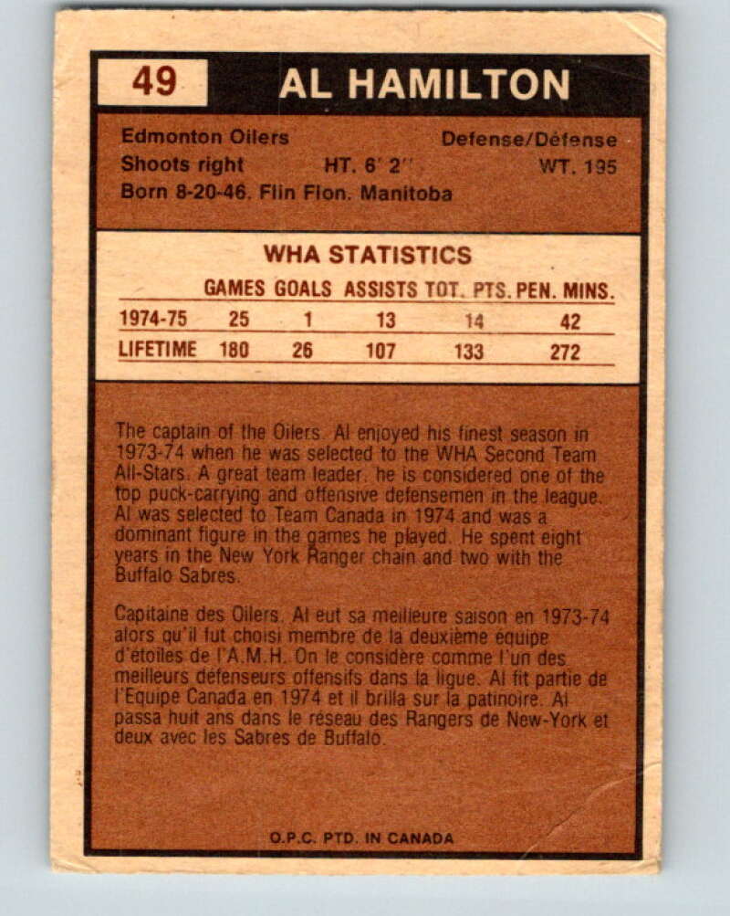 1975-76 WHA O-Pee-Chee #49 Al Hamilton  Edmonton Oilers  V7227