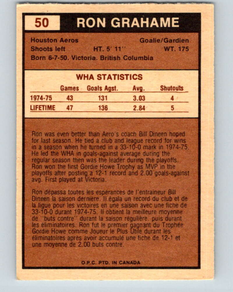 1975-76 WHA O-Pee-Chee #50 Ron Grahame  RC Rookie Houston Aeros  V7228