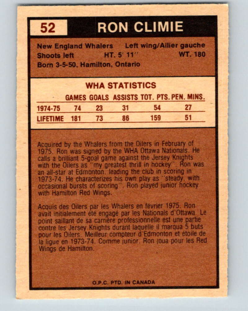 1975-76 WHA O-Pee-Chee #52 Ron Climie  New England Whalers  V7229