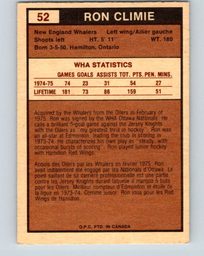 1975-76 WHA O-Pee-Chee #52 Ron Climie  New England Whalers  V7230