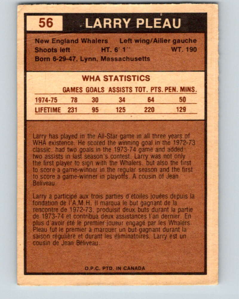 1975-76 WHA O-Pee-Chee #56 Larry Pleau  RC Rookie New England Whalers  V7234