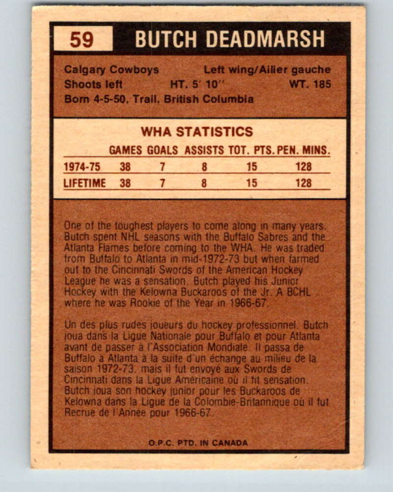 1975-76 WHA O-Pee-Chee #59 Butch Deadmarsh  RC Rookie Calgary Cowboys  V7237
