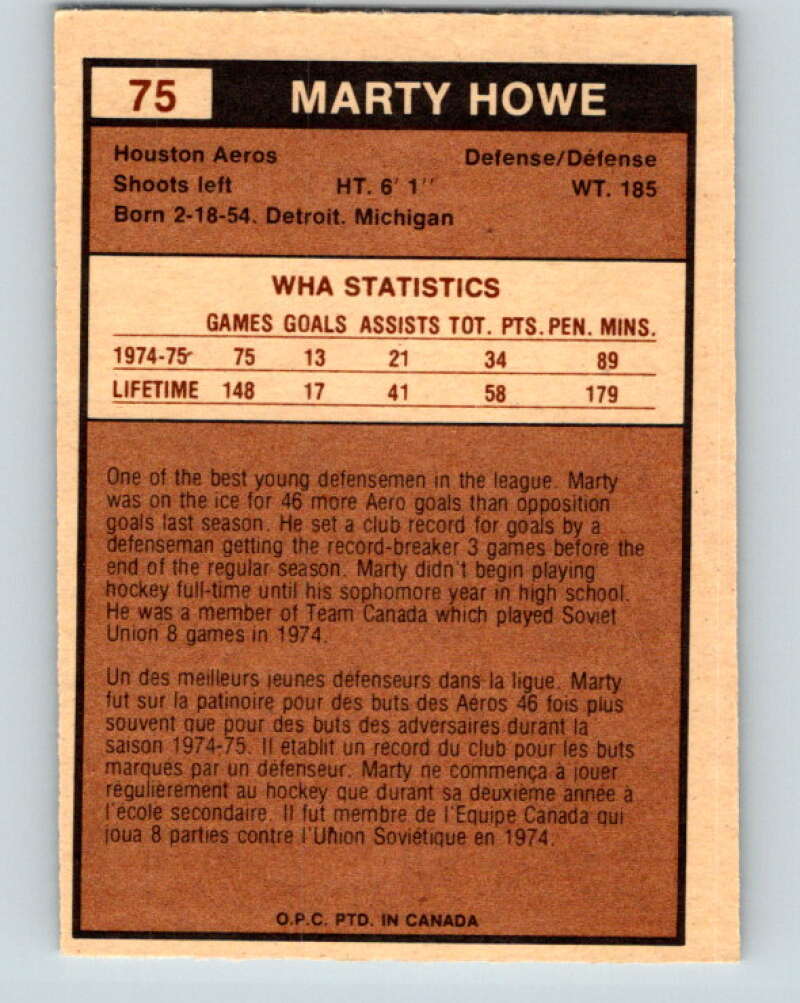 1975-76 WHA O-Pee-Chee #75 Marty Howe  Houston Aeros  V7263