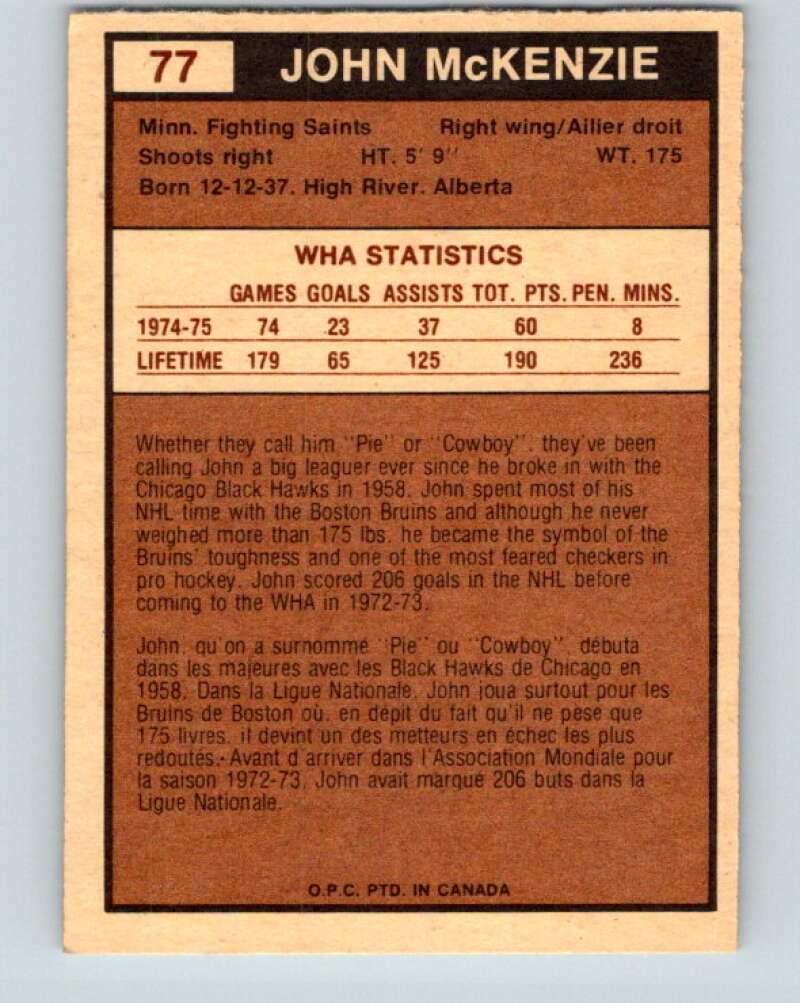 1975-76 WHA O-Pee-Chee #77 John McKenzie  Minnesota Fighting Saints  V7265