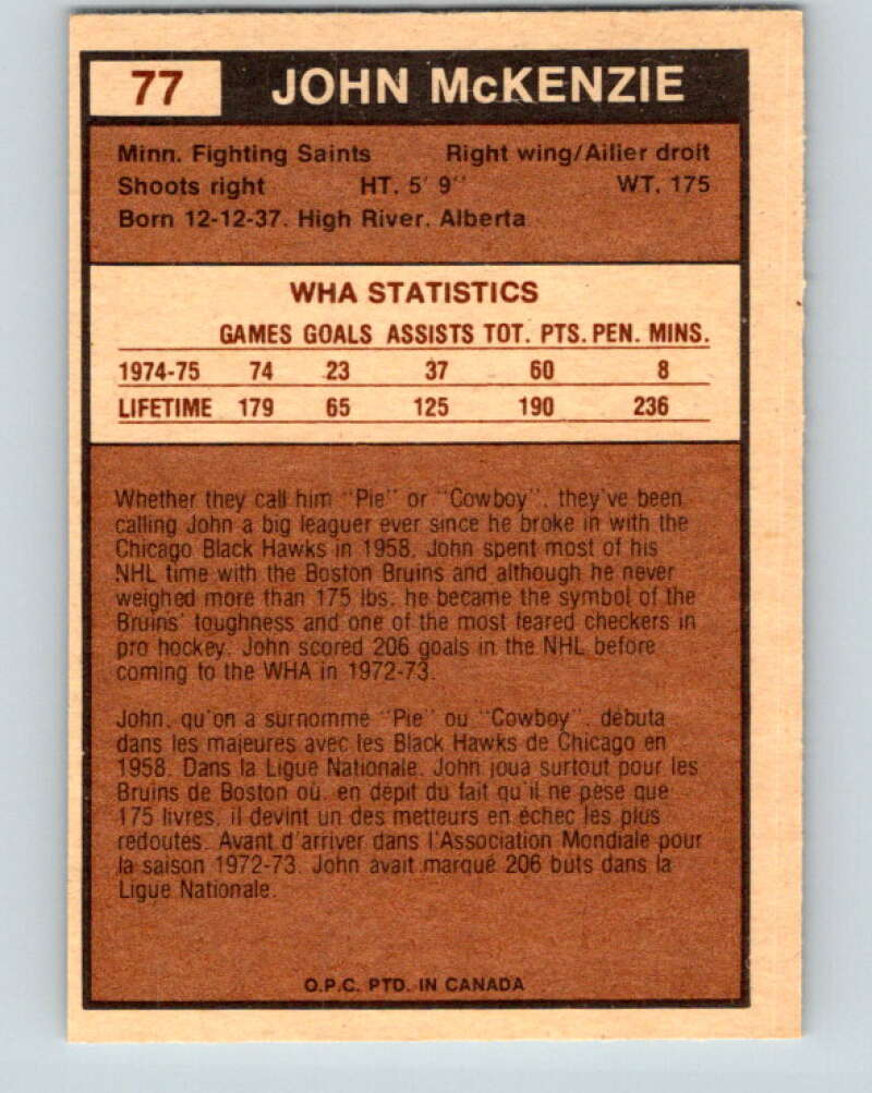 1975-76 WHA O-Pee-Chee #77 John McKenzie  Minnesota Fighting Saints  V7266