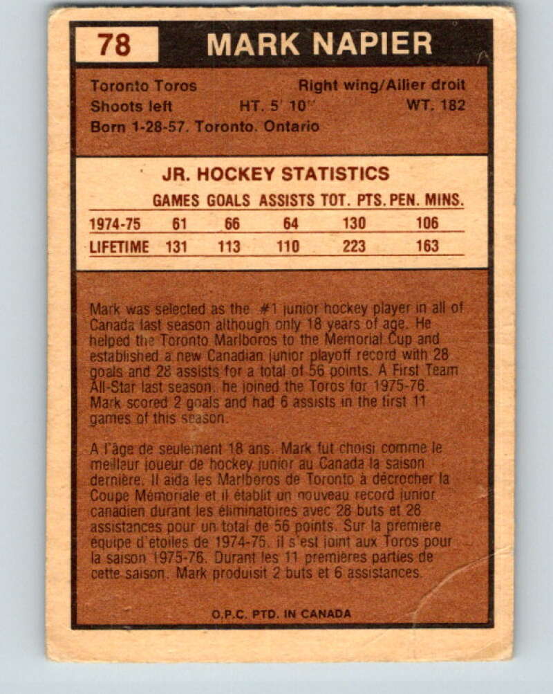 1975-76 WHA O-Pee-Chee #78 Mark Napier  RC Rookie Toronto Toros  V7268