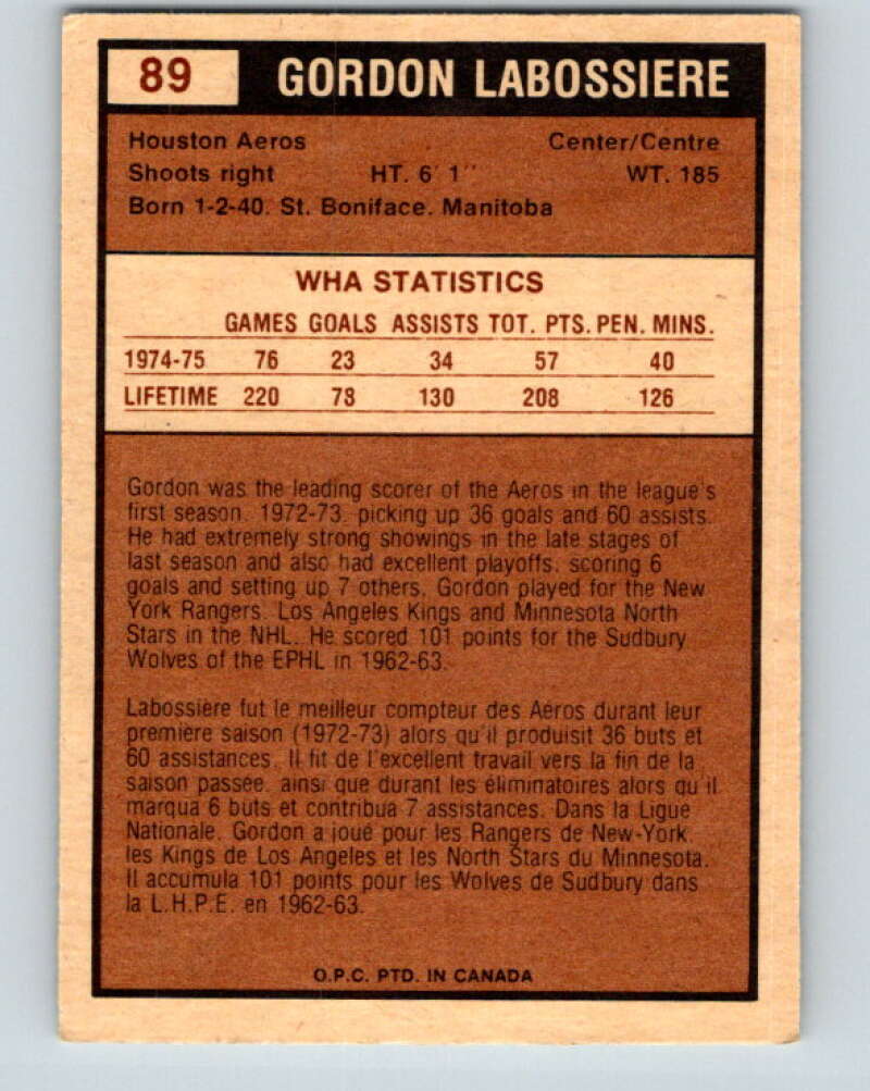 1975-76 WHA O-Pee-Chee #89 Gord Labossiere  Houston Aeros  V7278