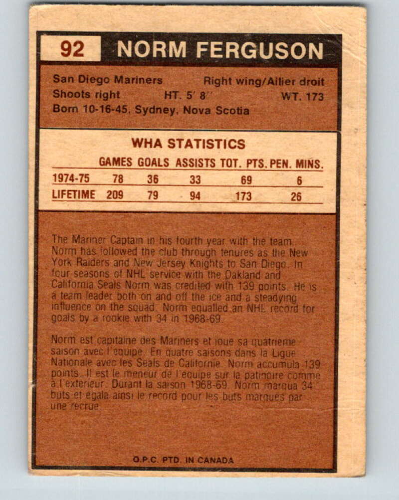 1975-76 WHA O-Pee-Chee #92 Norm Ferguson  San Diego Mariners  V7279