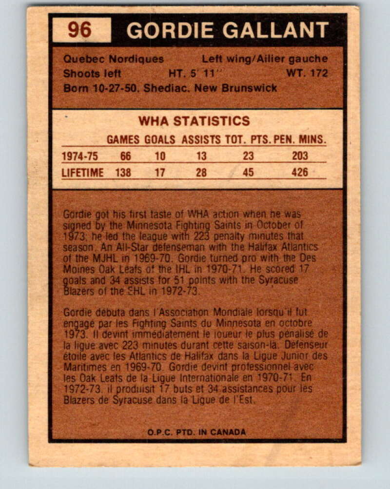 1975-76 WHA O-Pee-Chee #96 Gord Gallant  RC Rookie Quebec Nordiques  V7284