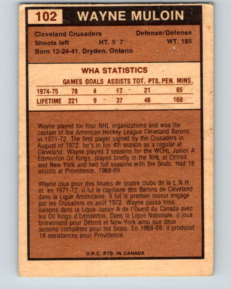 1975-76 WHA O-Pee-Chee #102 Wayne Muloin  RC Rookie Cleveland Crusaders  V7292