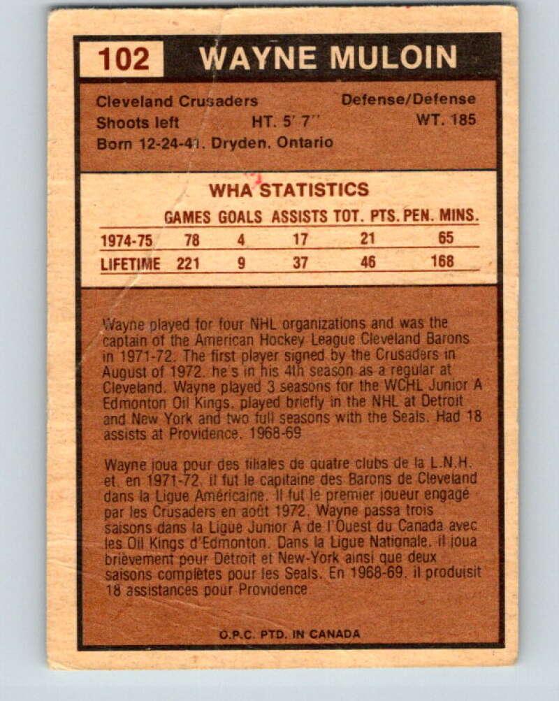 1975-76 WHA O-Pee-Chee #102 Wayne Muloin  RC Rookie Cleveland Crusaders  V7293