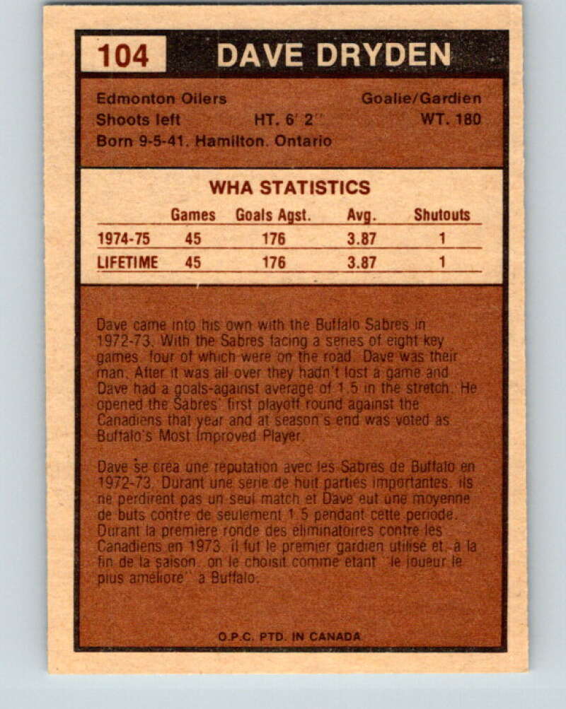 1975-76 WHA O-Pee-Chee #104 Dave Dryden  Edmonton Oilers  V7297