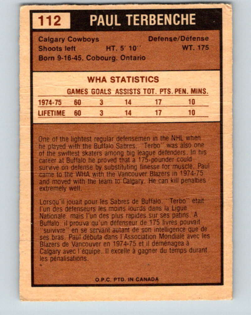 1975-76 WHA O-Pee-Chee #112 Paul Terbenche  Calgary Cowboys  V7304