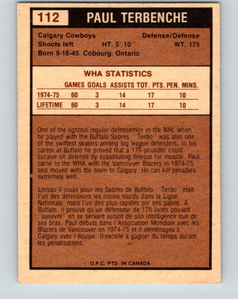 1975-76 WHA O-Pee-Chee #112 Paul Terbenche  Calgary Cowboys  V7306