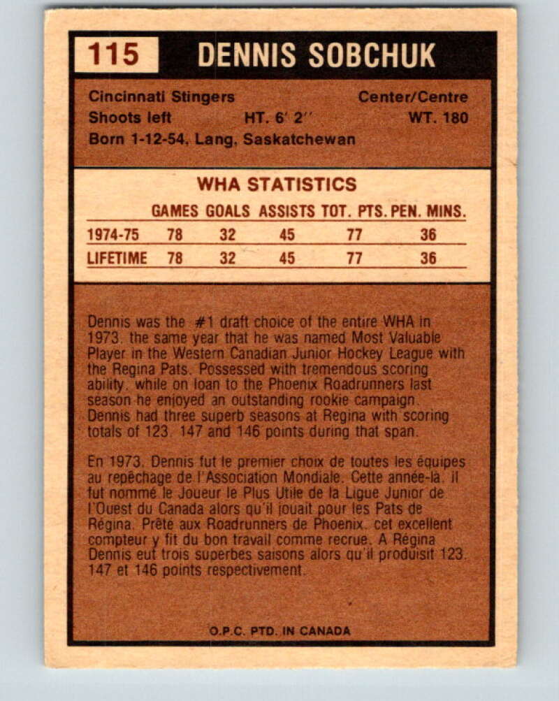 1975-76 WHA O-Pee-Chee #115 Dennis Sobchuk  Cincinnati Stingers  V7309