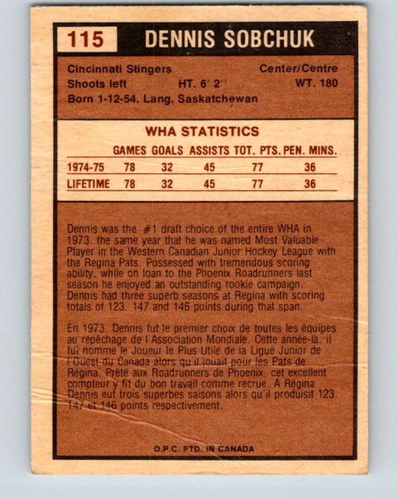 1975-76 WHA O-Pee-Chee #115 Dennis Sobchuk  Cincinnati Stingers  V7310