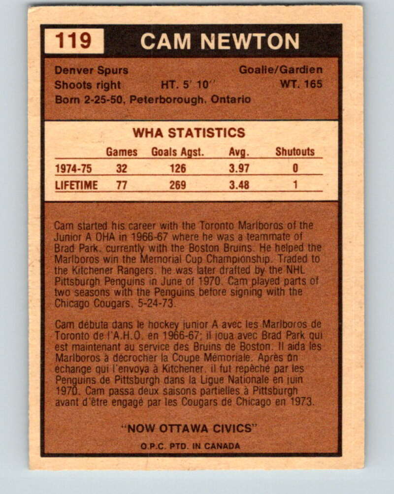 1975-76 WHA O-Pee-Chee #119 Cam Newton  RC Rookie Ottawa Civics  V7318