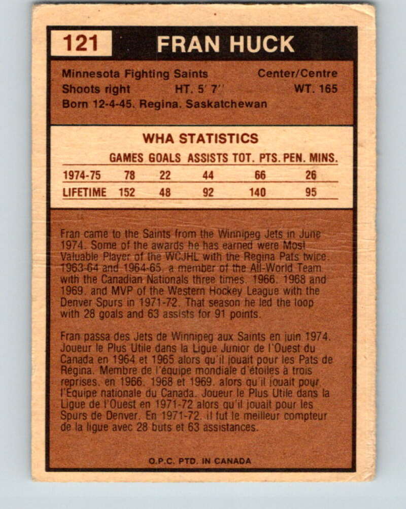 1975-76 WHA O-Pee-Chee #121 Fran Huck  Minnesota Fighting Saints  V7320