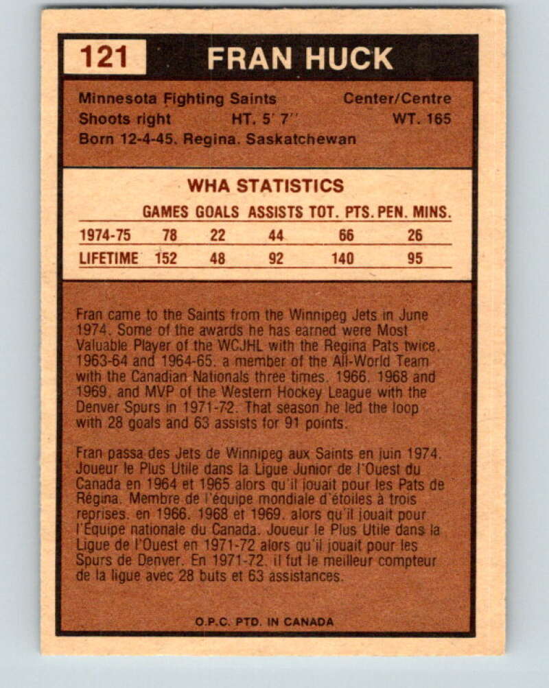 1975-76 WHA O-Pee-Chee #121 Fran Huck  Minnesota Fighting Saints  V7321