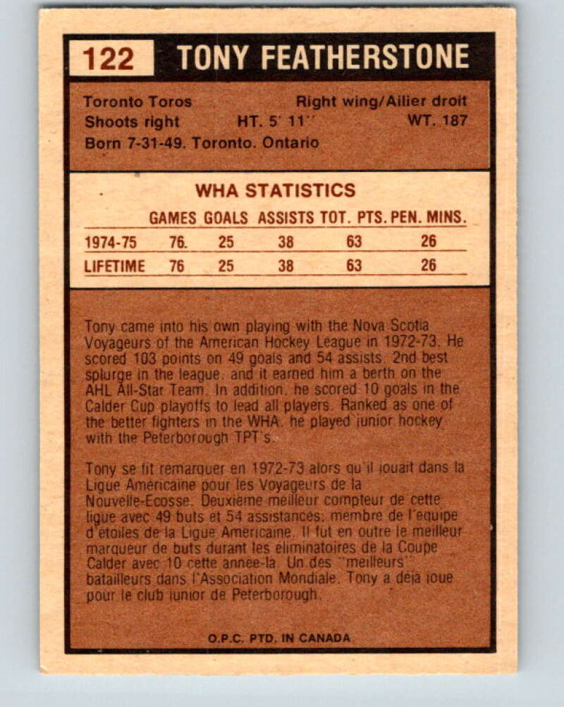 1975-76 WHA O-Pee-Chee #122 Tony Featherstone  Toronto Toros  V7322