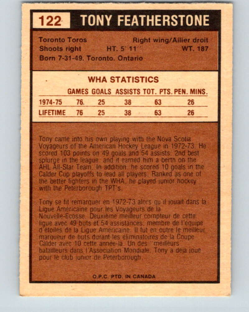 1975-76 WHA O-Pee-Chee #122 Tony Featherstone  Toronto Toros  V7323