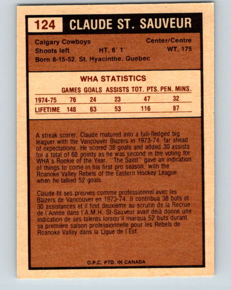 1975-76 WHA O-Pee-Chee #124 Claude St. Sauveur  Calgary Cowboys  V7328