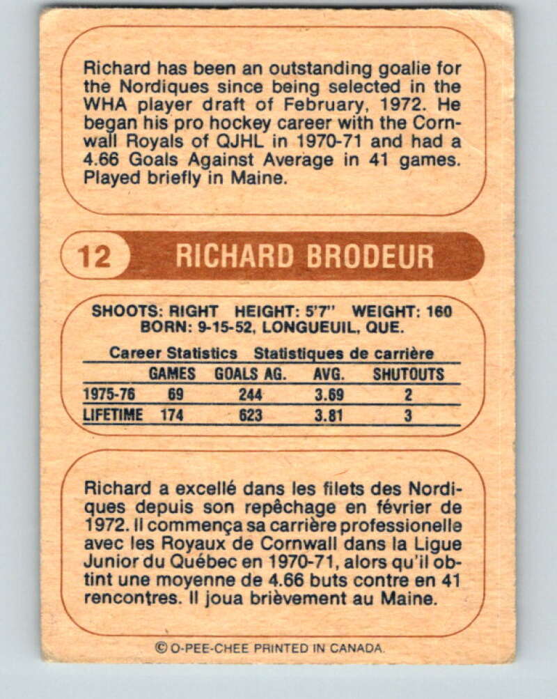 1976-77 WHA O-Pee-Chee #12 Richard Brodeur  Quebec Nordiques  V7649