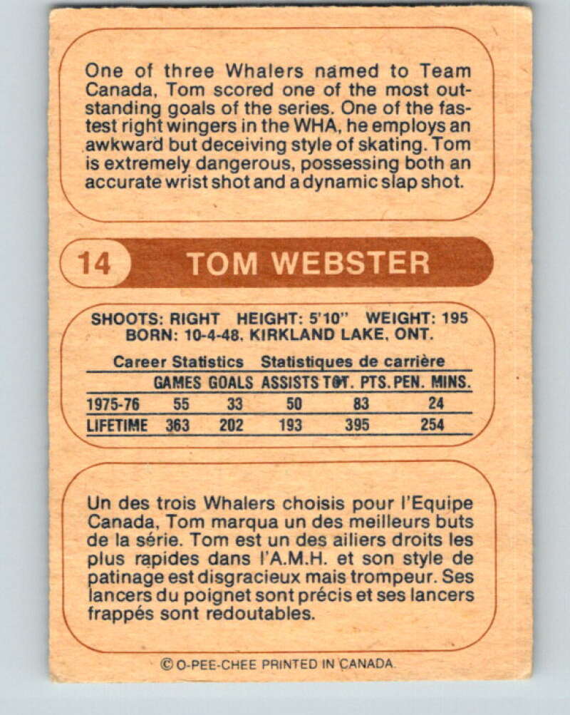 1976-77 WHA O-Pee-Chee #14 Tom Webster  New England Whalers  V7651