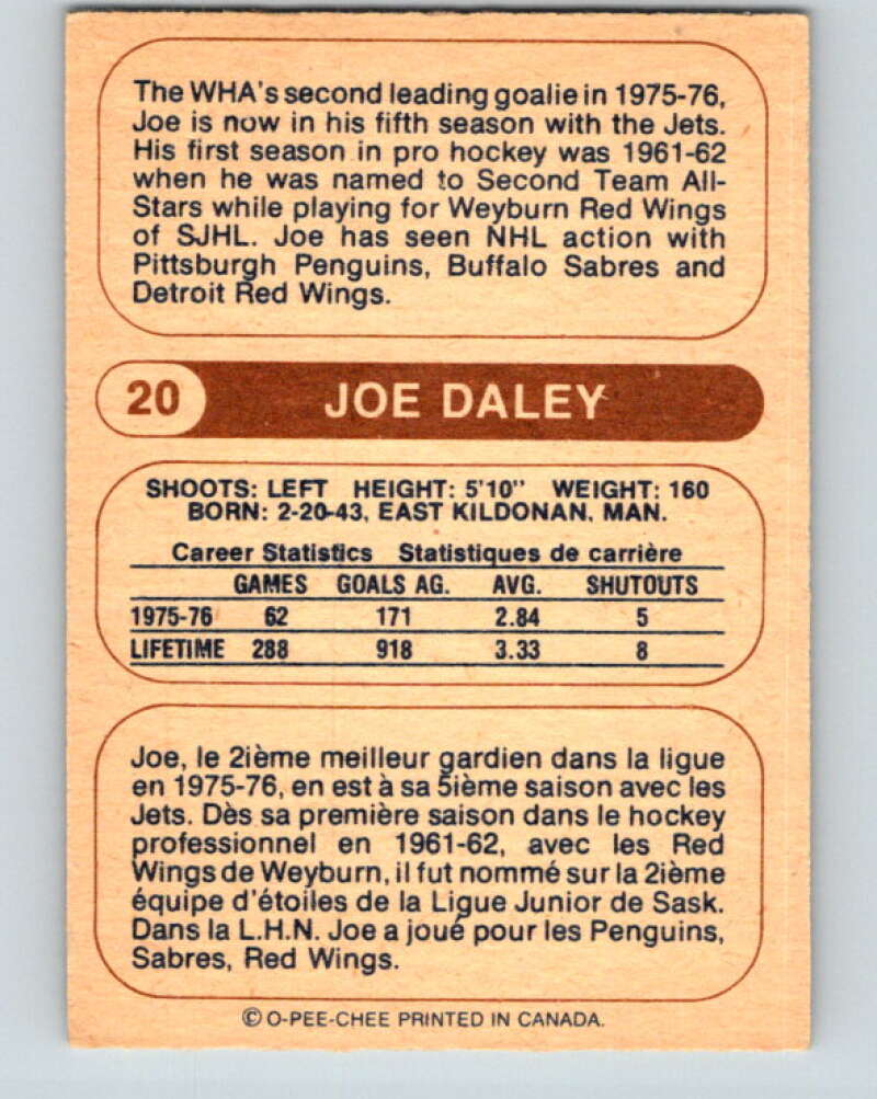 1976-77 WHA O-Pee-Chee #20 Joe Daley  Edmonton Oilers  V7660