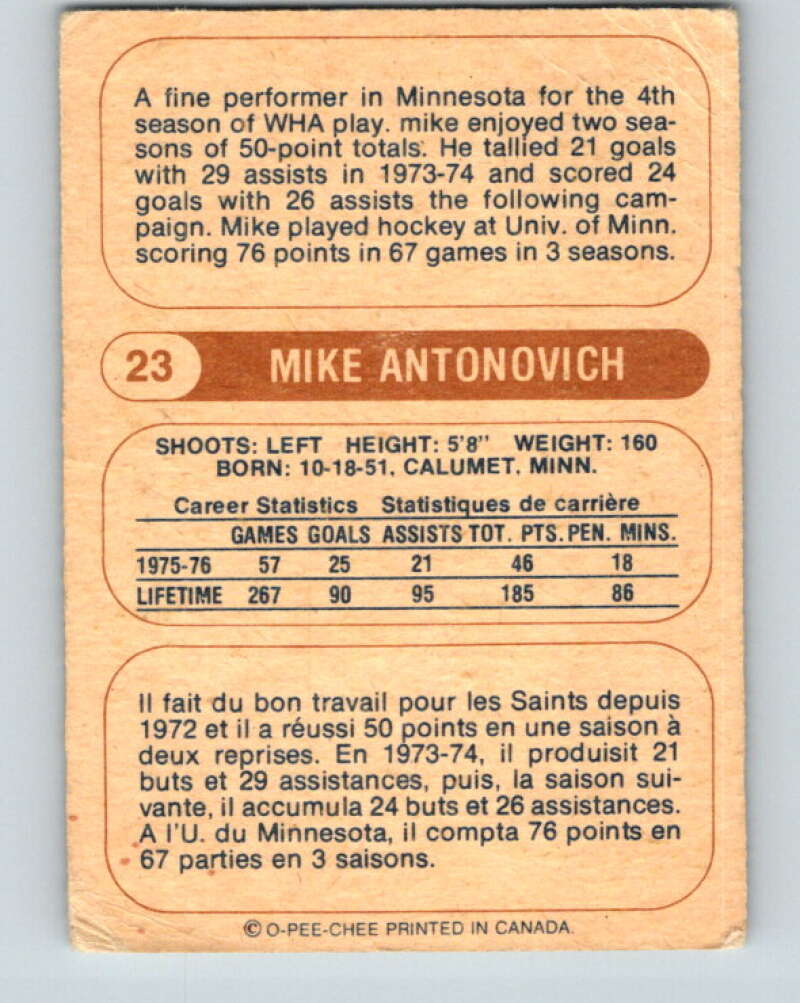 1976-77 WHA O-Pee-Chee #23 Mike Antonovich  Minnesota Fighting Saints  V7663
