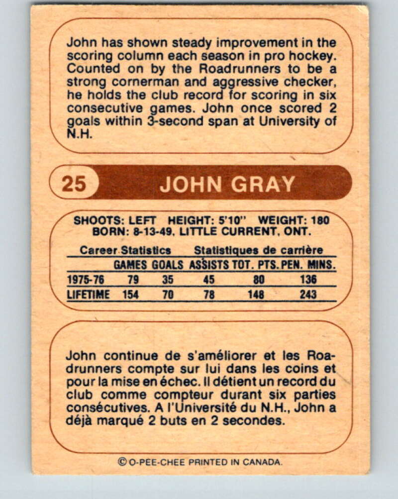 1976-77 WHA O-Pee-Chee #25 John Gray  RC Rookie Houston Aeros  V7665