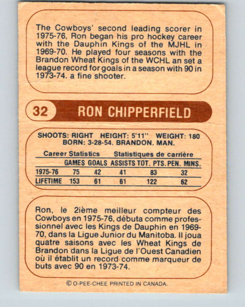 1976-77 WHA O-Pee-Chee #32 Ron Chipperfield  Calgary Cowboys  V7672