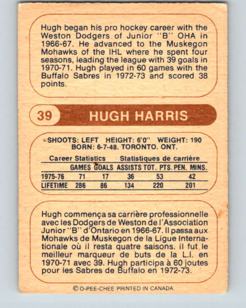 1976-77 WHA O-Pee-Chee #39 Hugh Harris  Indianapolis Racers  V7680