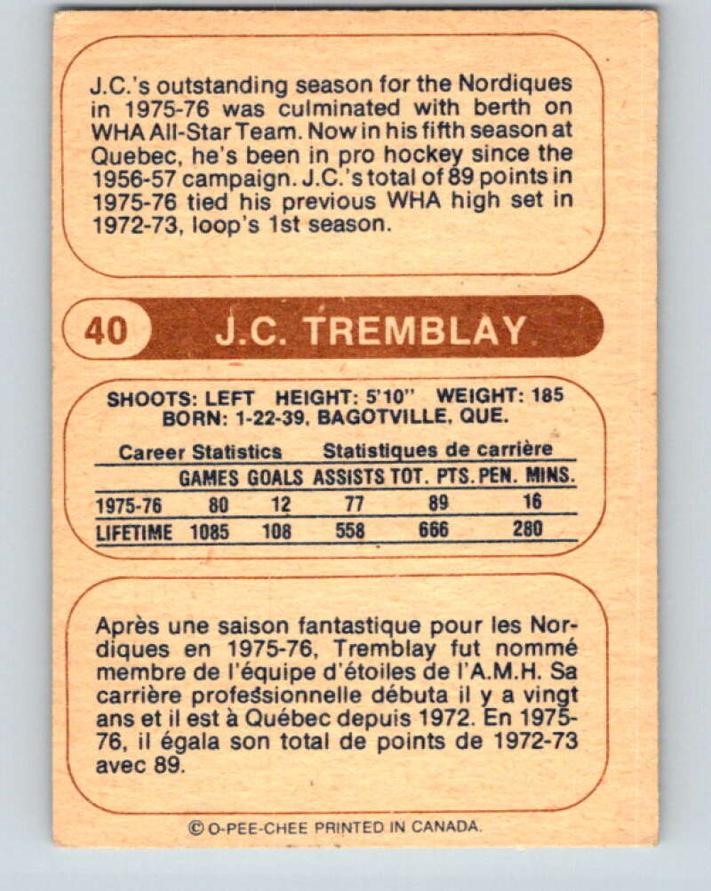 1976-77 WHA O-Pee-Chee #40 J.C. Tremblay  Quebec Nordiques  V7681