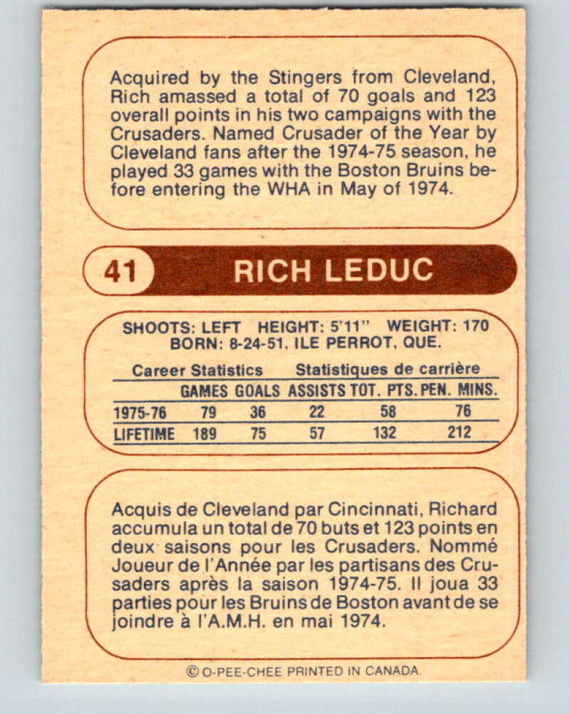 1976-77 WHA O-Pee-Chee #41 Rich Leduc  Cincinnati Stingers  V7682