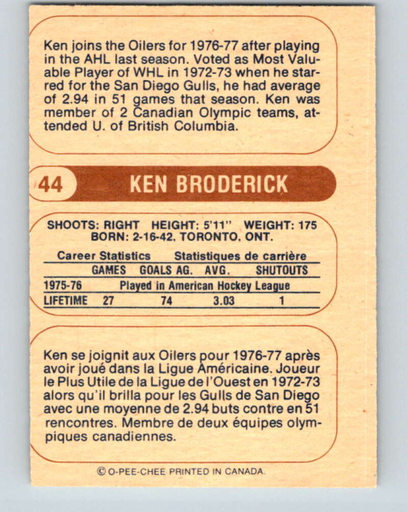 1976-77 WHA O-Pee-Chee #44 Ken Broderick  Edmonton Oilers  V7688