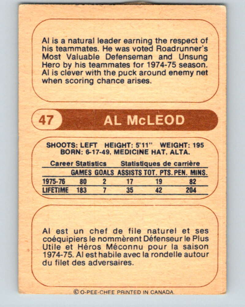 1976-77 WHA O-Pee-Chee #47 Al McLeod  Houston Aeros  V7691