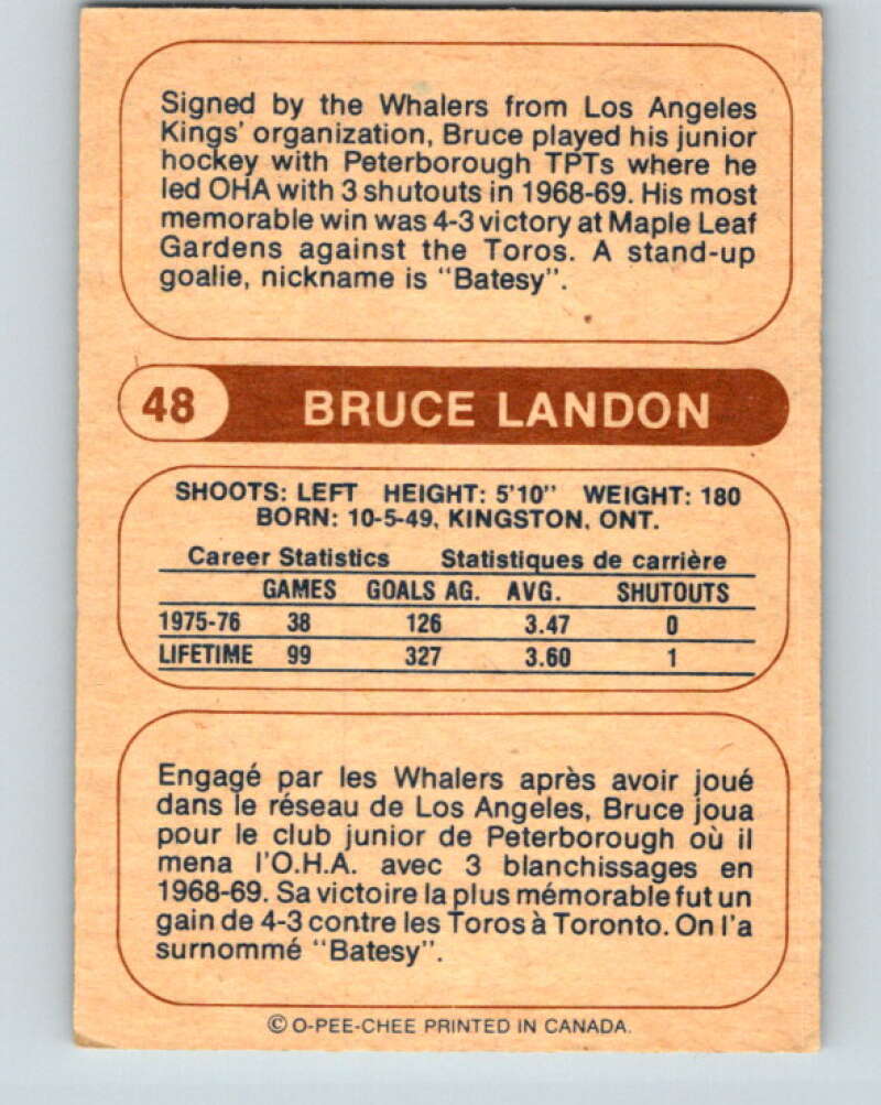 1976-77 WHA O-Pee-Chee #48 Bruce Landon  RC Rookie New England Whalers  V7692