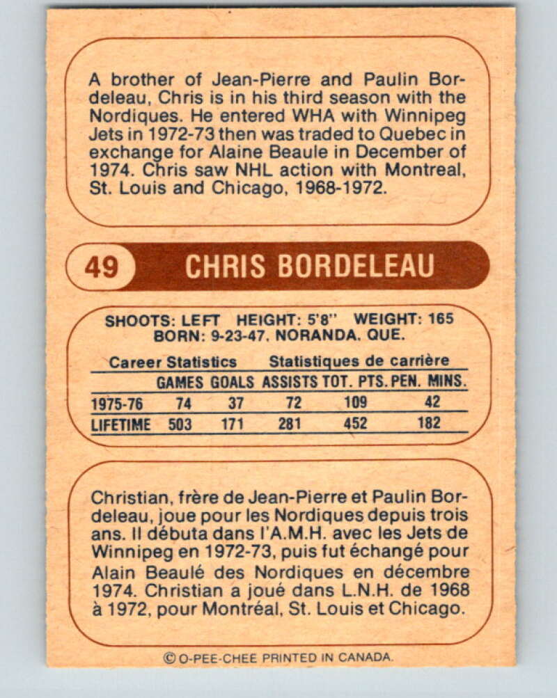 1976-77 WHA O-Pee-Chee #49 Chris Bordeleau  Quebec Nordiques  V7693