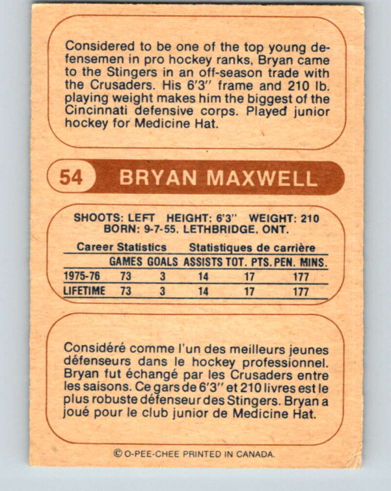 1976-77 WHA O-Pee-Chee #54 Bryan Maxwell  RC Rookie Cincinnati Stingers  V7698