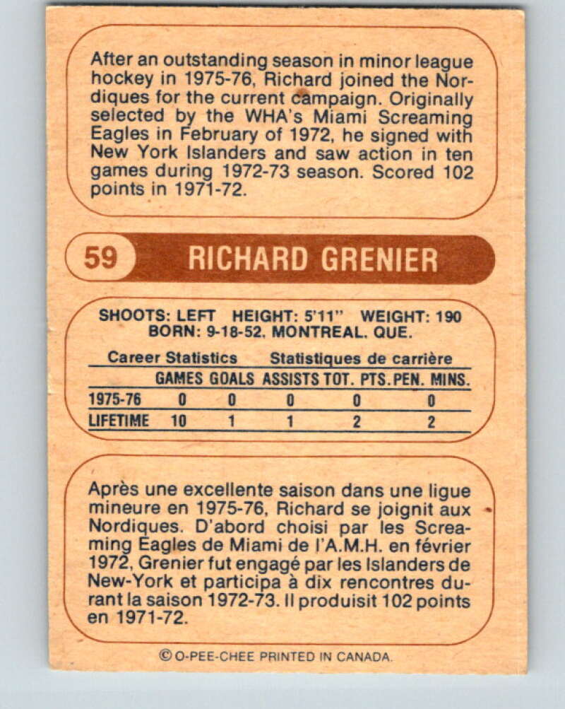 1976-77 WHA O-Pee-Chee #59 Richard Grenier  RC Rookie Quebec Nordiques  V7703