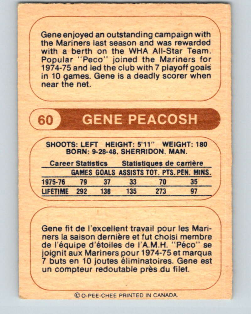 1976-77 WHA O-Pee-Chee #60 Gene Peacosh  Indianapolis Racers  V7704